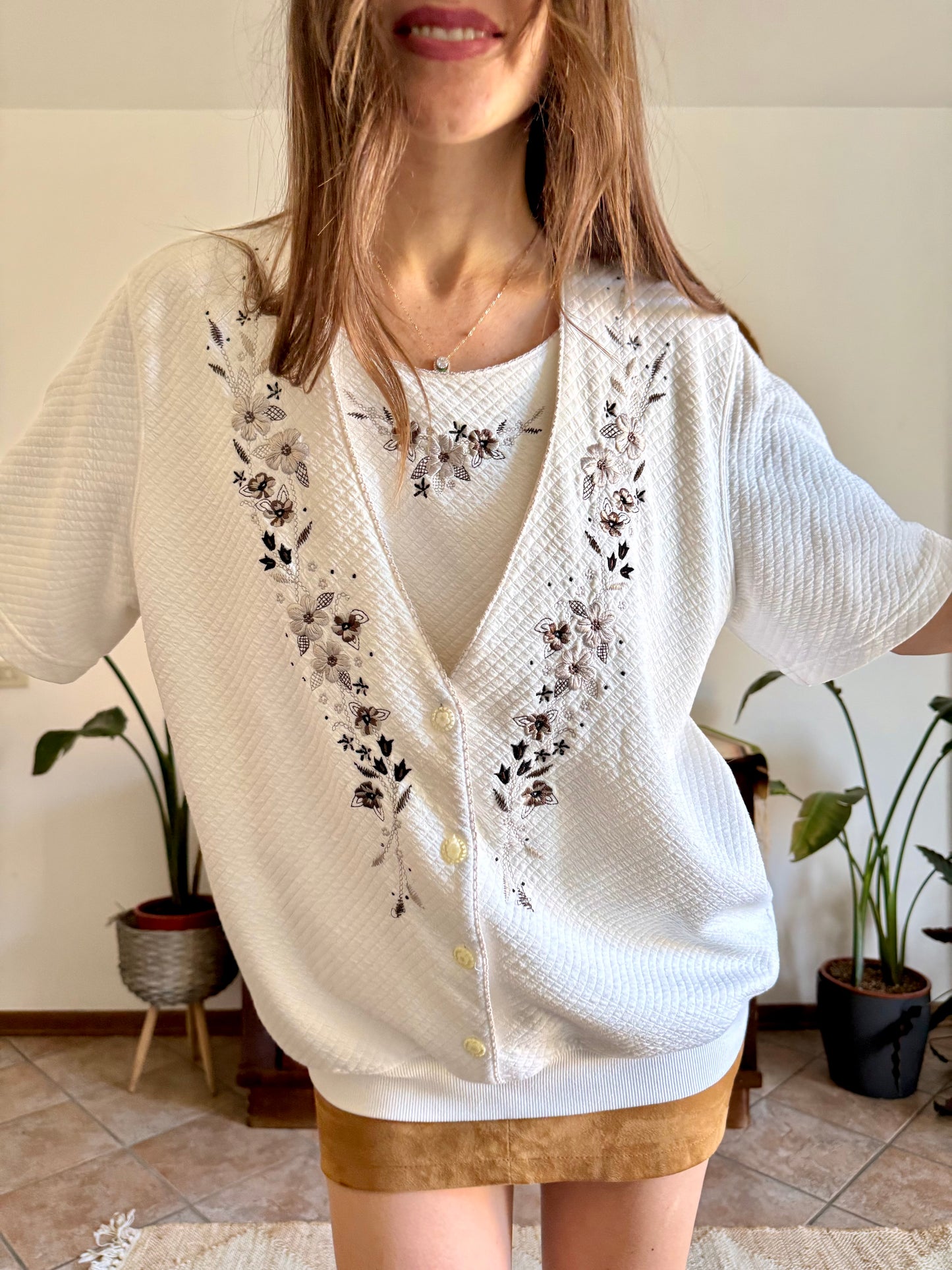 1970’s vintage cream quilted knit top with brown floral embroidery