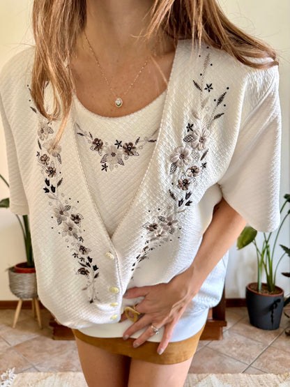 1970’s vintage cream quilted knit top with brown floral embroidery