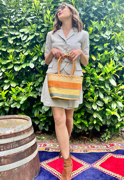 1970's vintage yellow, orang and blue stripe raffia purse