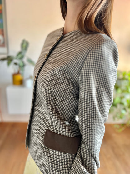 1990's vintage chocolate brown and cream houndstooth blazer