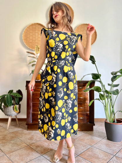 1950's vintage black linen midi dress with yellow and cream floral and print