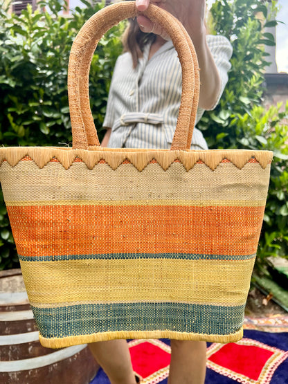 1970's vintage yellow, orang and blue stripe raffia purse