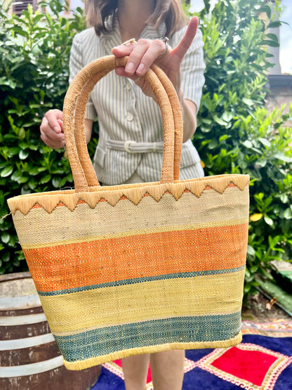 1970's vintage yellow, orang and blue stripe raffia purse