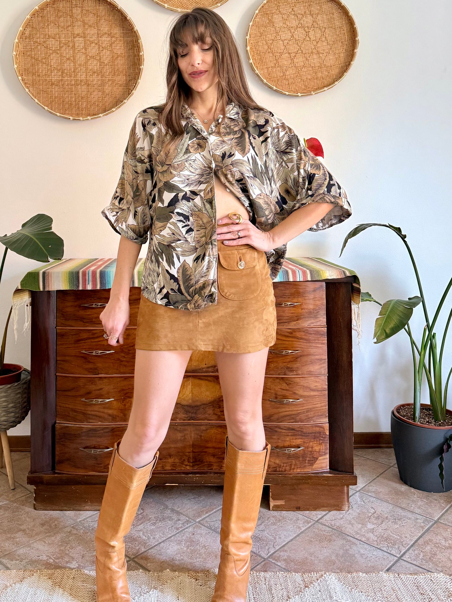 1990's vintage khaki, cream and beige botanical print blouse