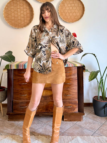 1990's vintage khaki, cream and beige botanical print blouse