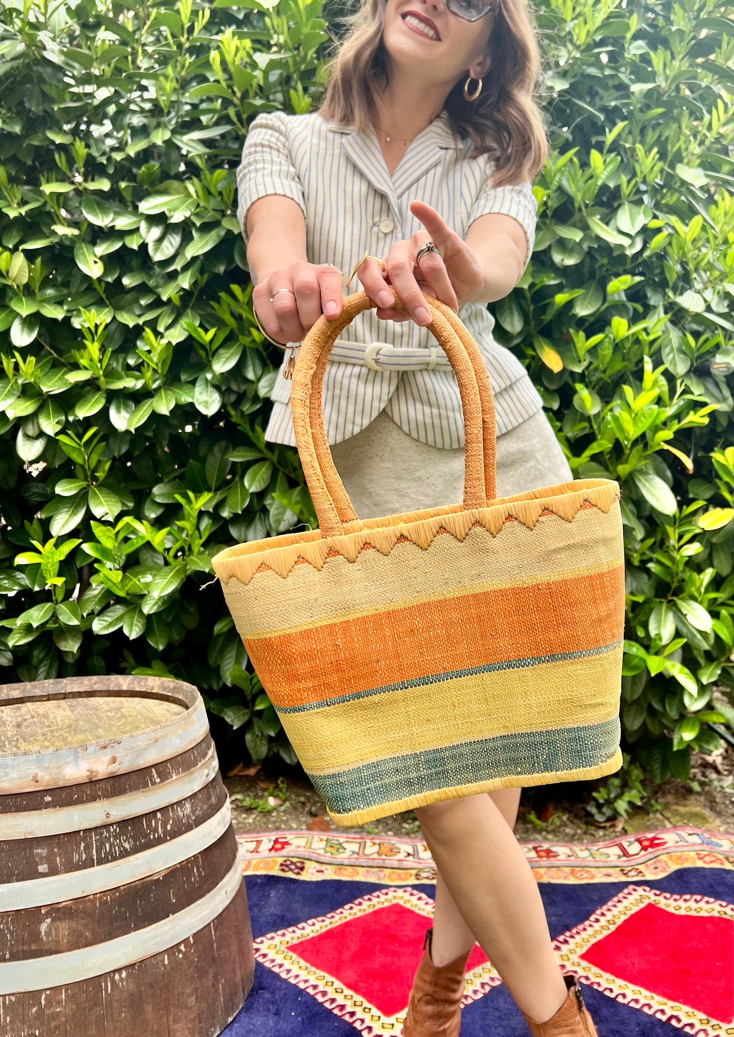 1970's vintage yellow, orang and blue stripe raffia purse