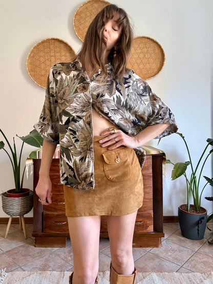 1990's vintage khaki, cream and beige botanical print blouse