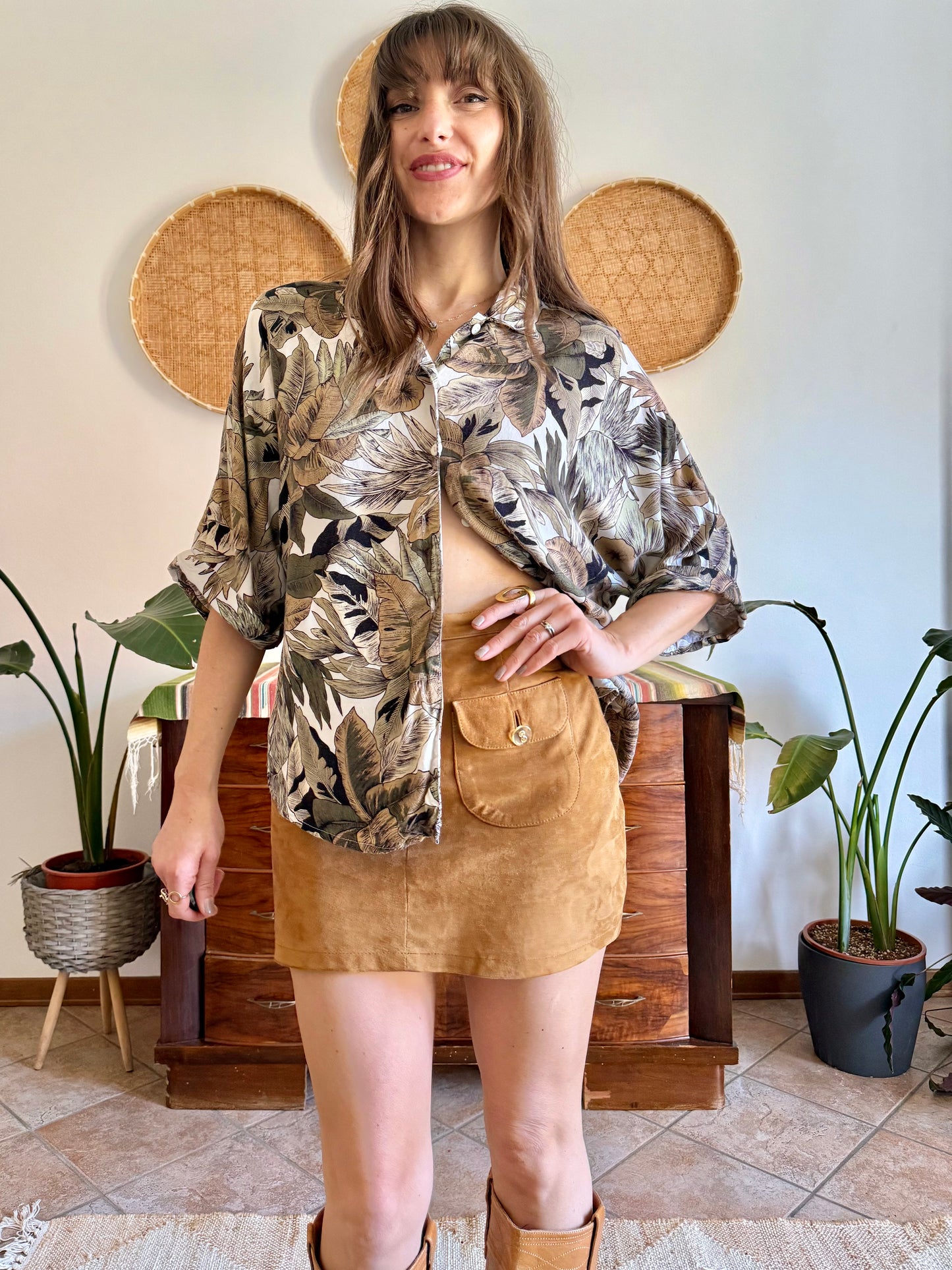 1990's vintage khaki, cream and beige botanical print blouse