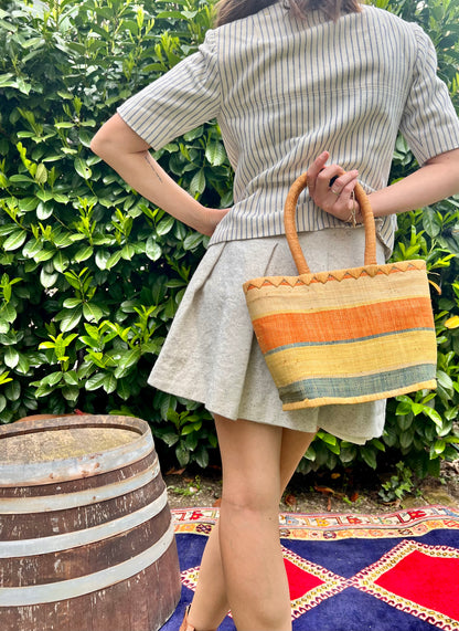 1970's vintage yellow, orang and blue stripe raffia purse