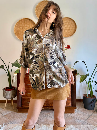 1990's vintage khaki, cream and beige botanical print blouse