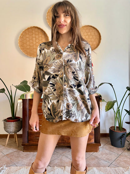 1990's vintage khaki, cream and beige botanical print blouse
