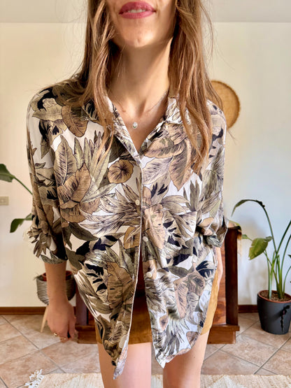 1990's vintage khaki, cream and beige botanical print blouse