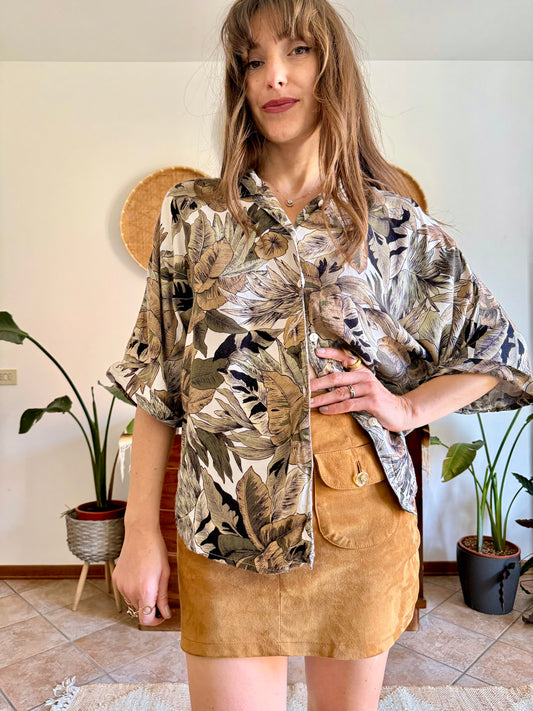 1990's vintage khaki, cream and beige botanical print blouse