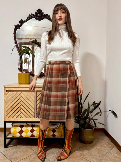 1960's vintage chocolate brown, tan and burgundy wool plaid midi skirt