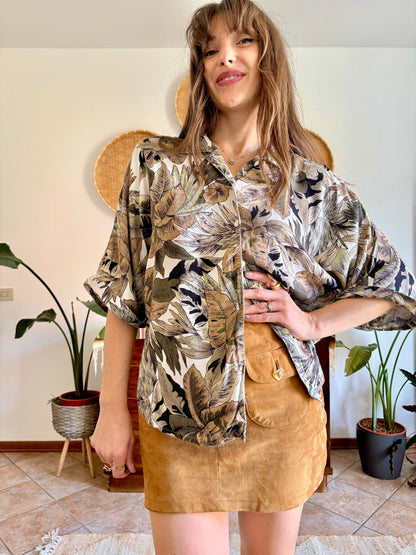 1990's vintage khaki, cream and beige botanical print blouse
