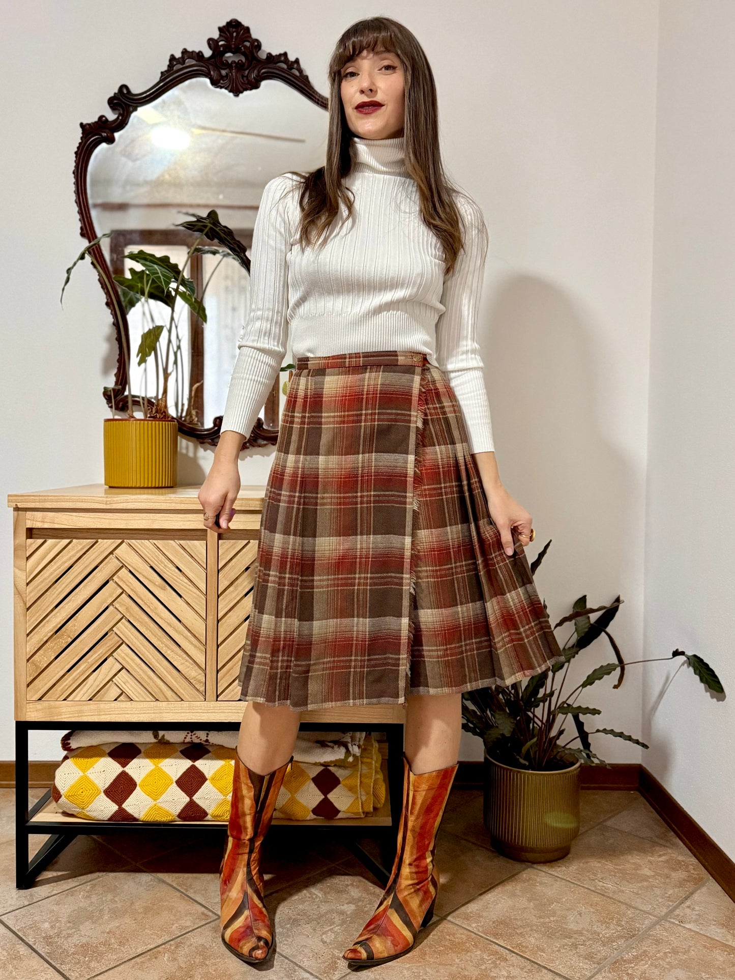 1960's vintage chocolate brown, tan and burgundy wool plaid midi skirt