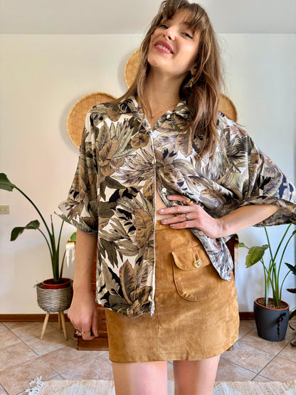 1990's vintage khaki, cream and beige botanical print blouse