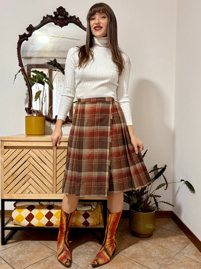 1960's vintage chocolate brown, tan and burgundy wool plaid midi skirt