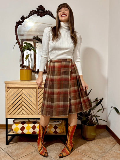 1960's vintage chocolate brown, tan and burgundy wool plaid midi skirt