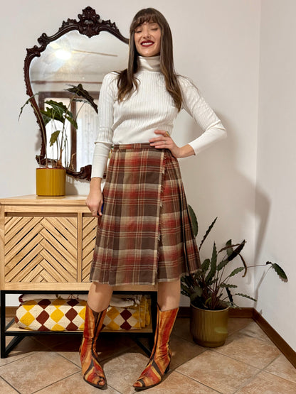 1960's vintage chocolate brown, tan and burgundy wool plaid midi skirt