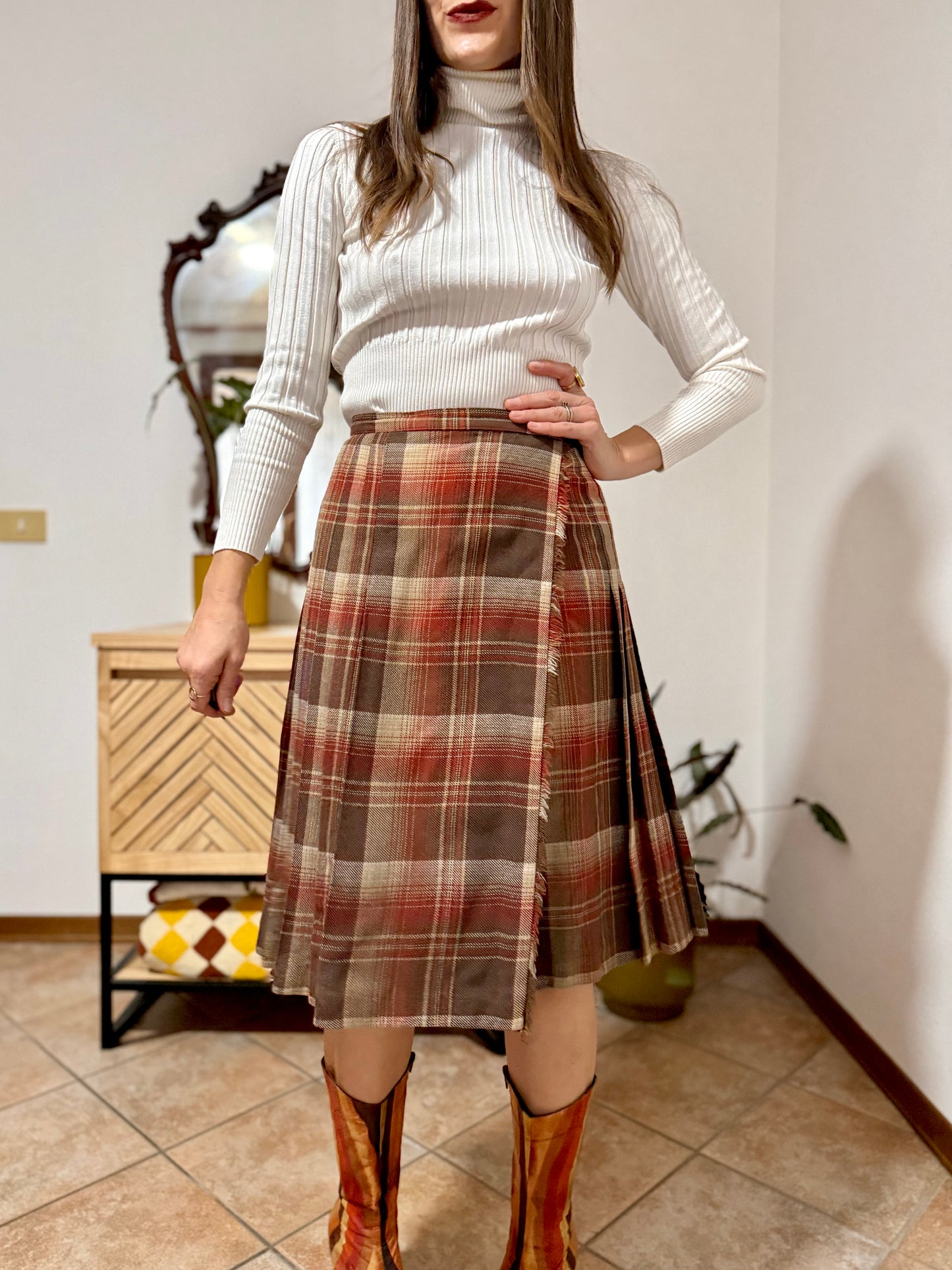 1960's vintage chocolate brown, tan and burgundy wool plaid midi skirt