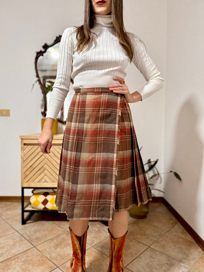 1960's vintage chocolate brown, tan and burgundy wool plaid midi skirt