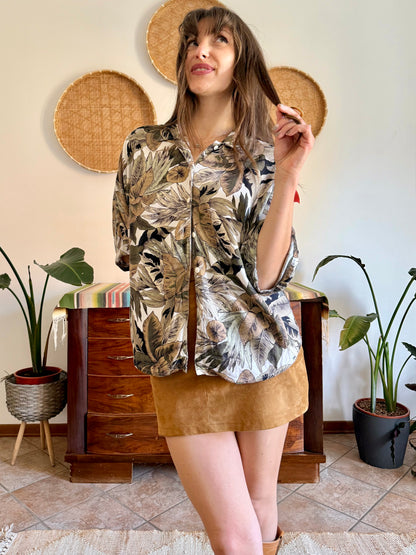 1990's vintage khaki, cream and beige botanical print blouse