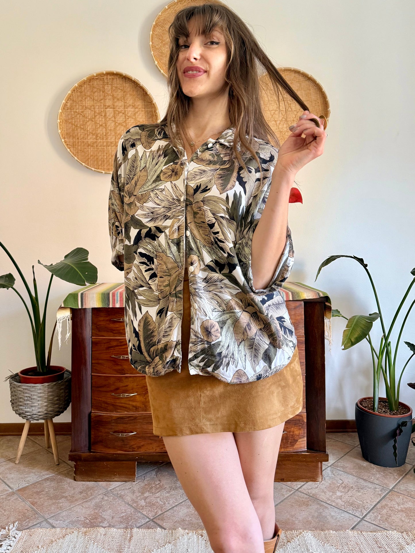 1990's vintage khaki, cream and beige botanical print blouse