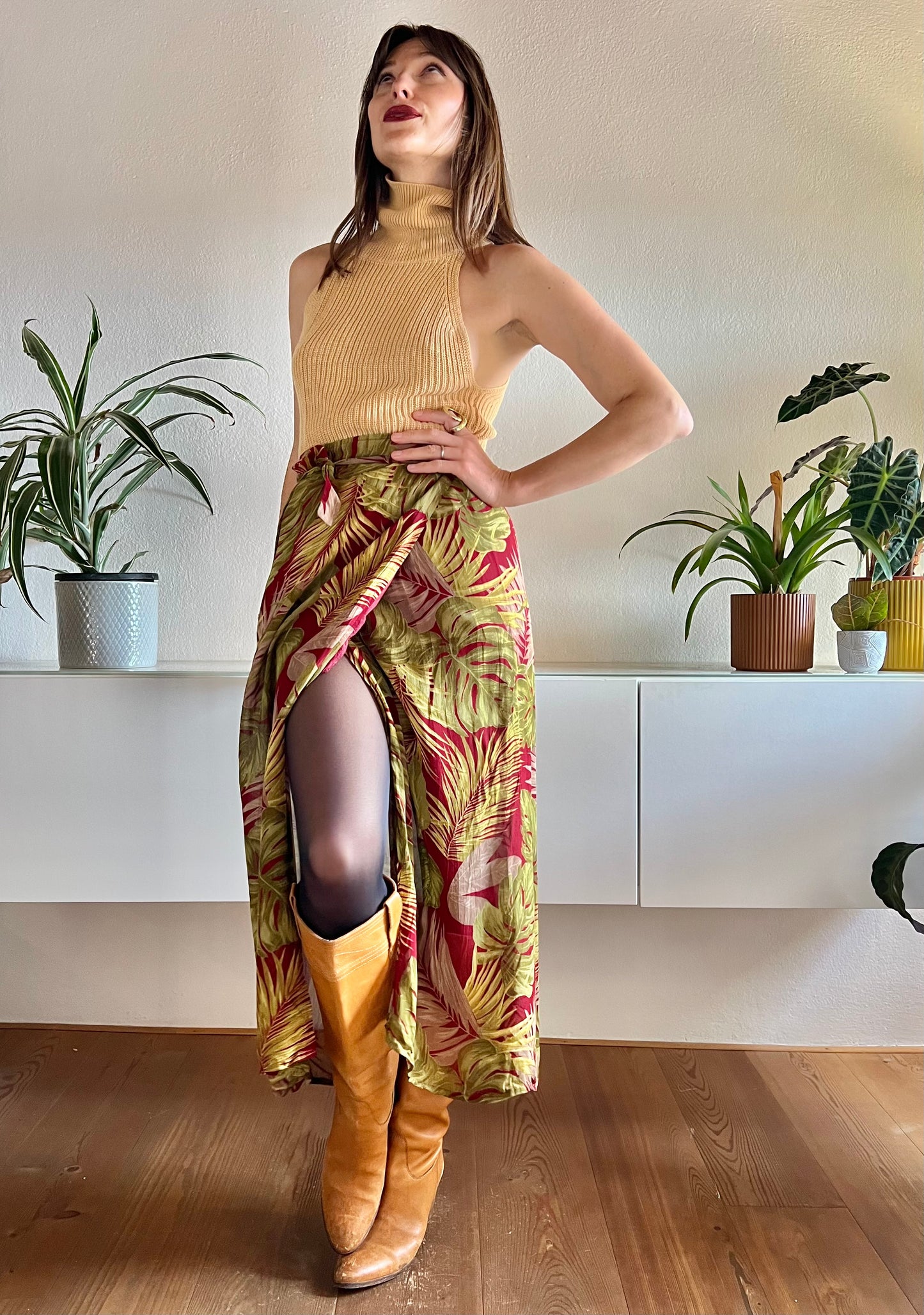 1990's vintage dark res and green tropical leaf print maxi skirt
