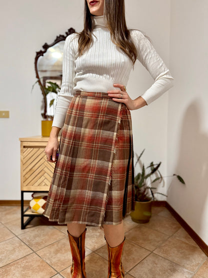 1960's vintage chocolate brown, tan and burgundy wool plaid midi skirt
