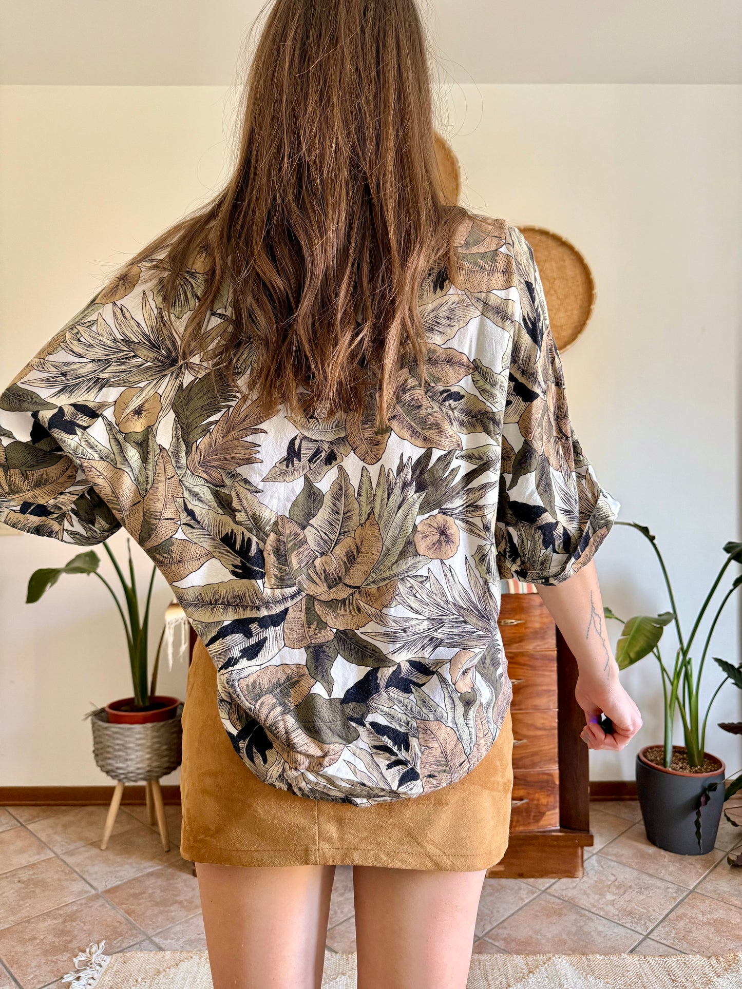 1990's vintage khaki, cream and beige botanical print blouse