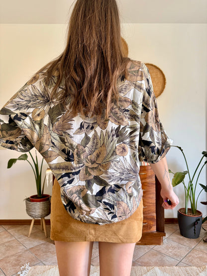 1990's vintage khaki, cream and beige botanical print blouse
