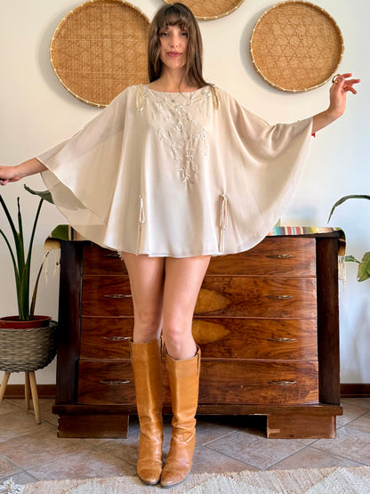 Y2k vintage bell sleeve cream micro mini dress with floral embroidery