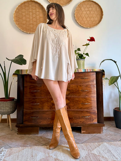 Y2k vintage bell sleeve cream micro mini dress with floral embroidery