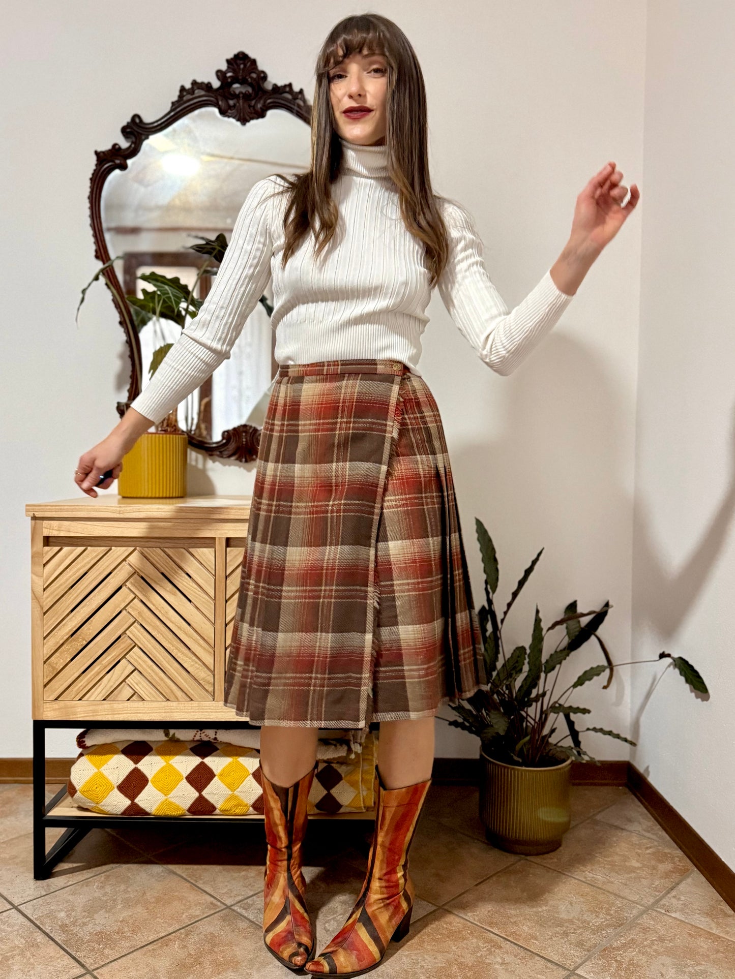 1960's vintage chocolate brown, tan and burgundy wool plaid midi skirt