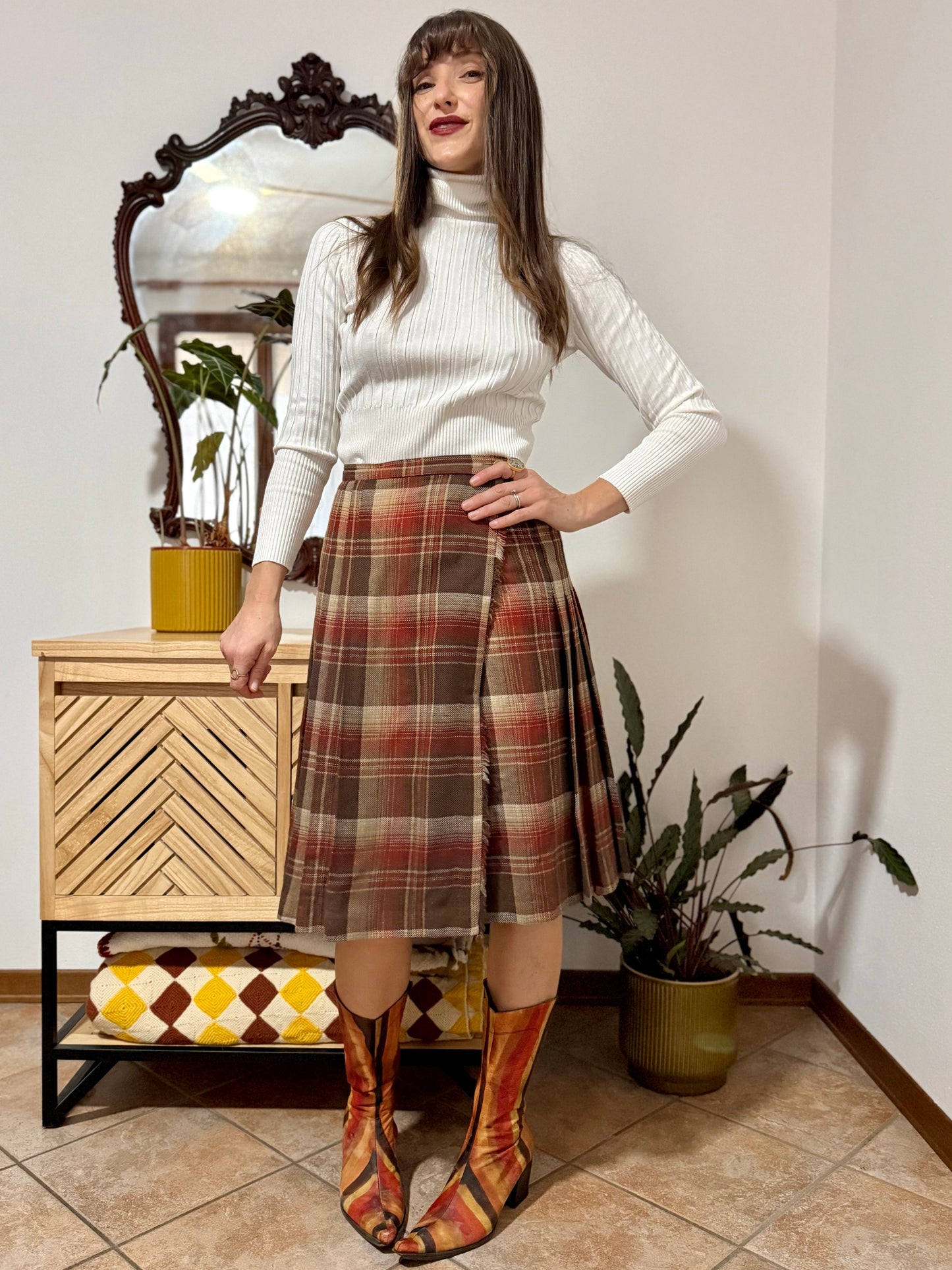 1960's vintage chocolate brown, tan and burgundy wool plaid midi skirt