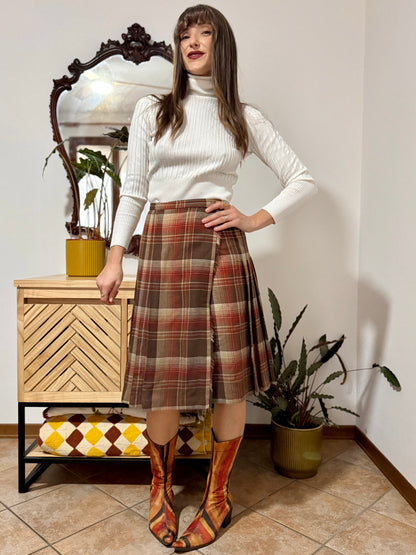 1960's vintage chocolate brown, tan and burgundy wool plaid midi skirt
