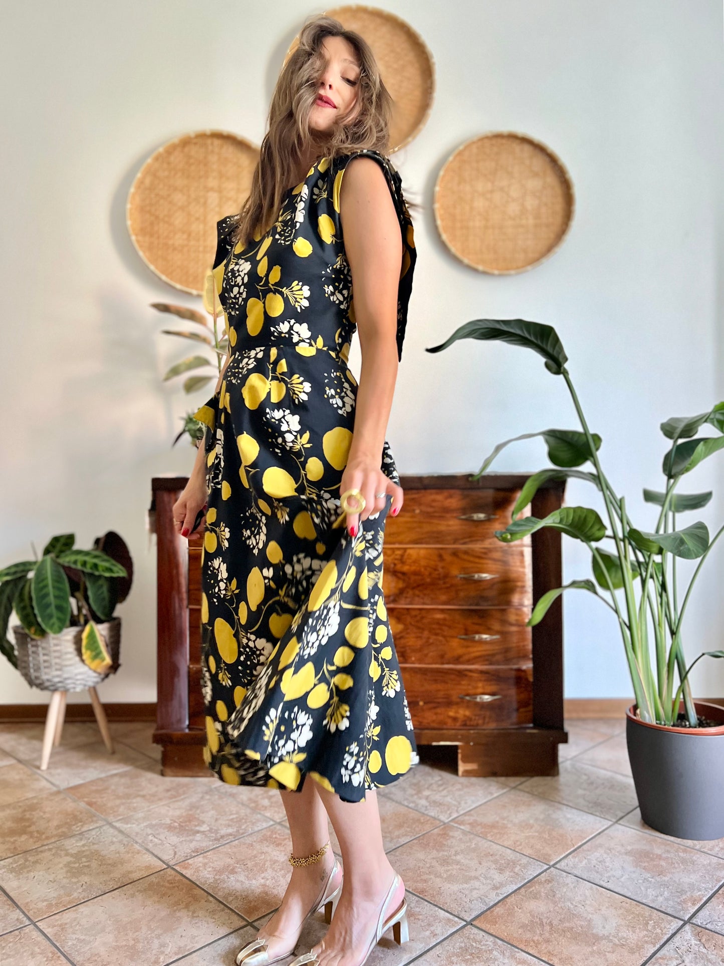 1950's vintage black linen midi dress with yellow and cream floral and print