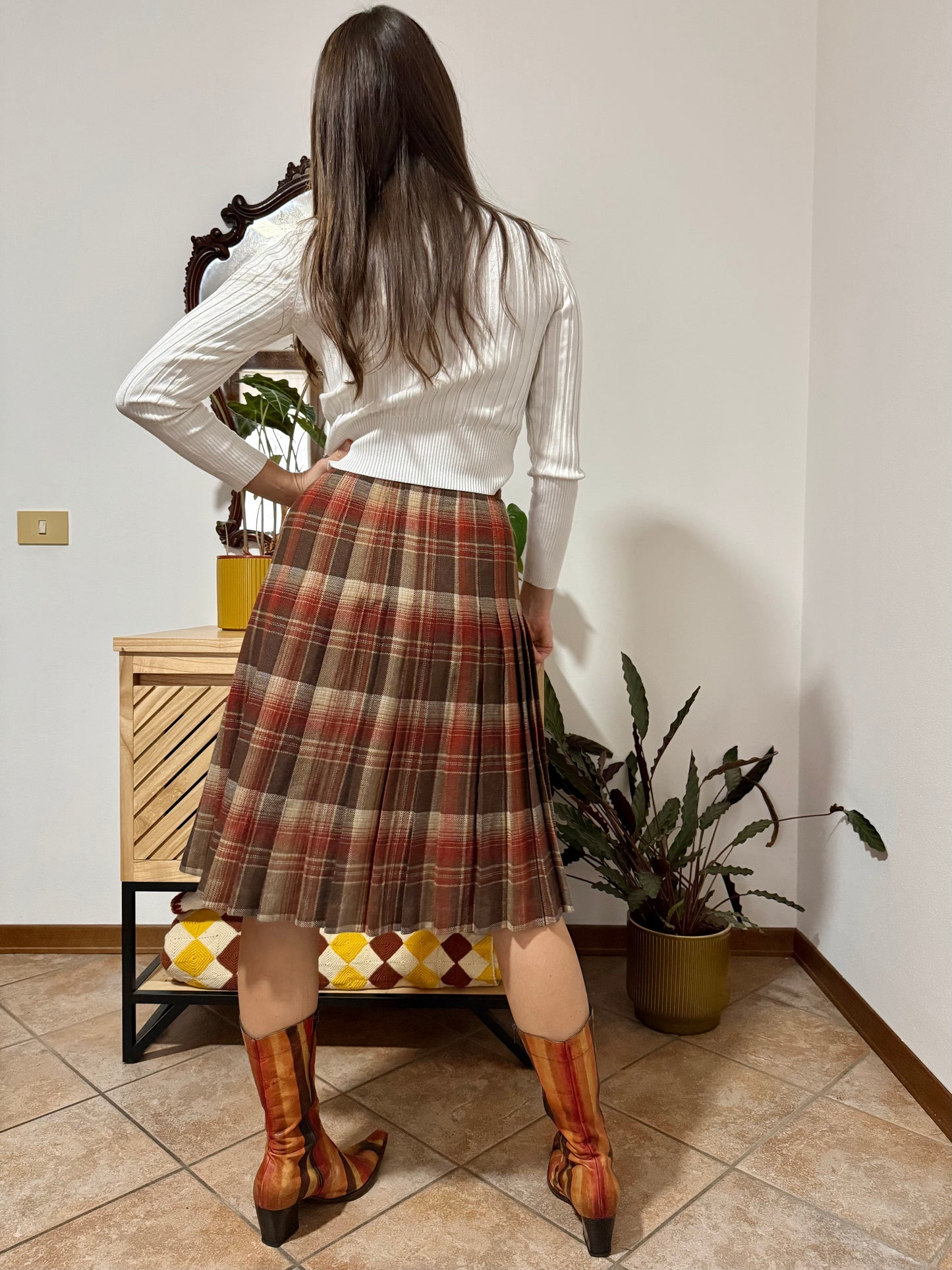 1960's vintage chocolate brown, tan and burgundy wool plaid midi skirt