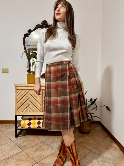 1960's vintage chocolate brown, tan and burgundy wool plaid midi skirt
