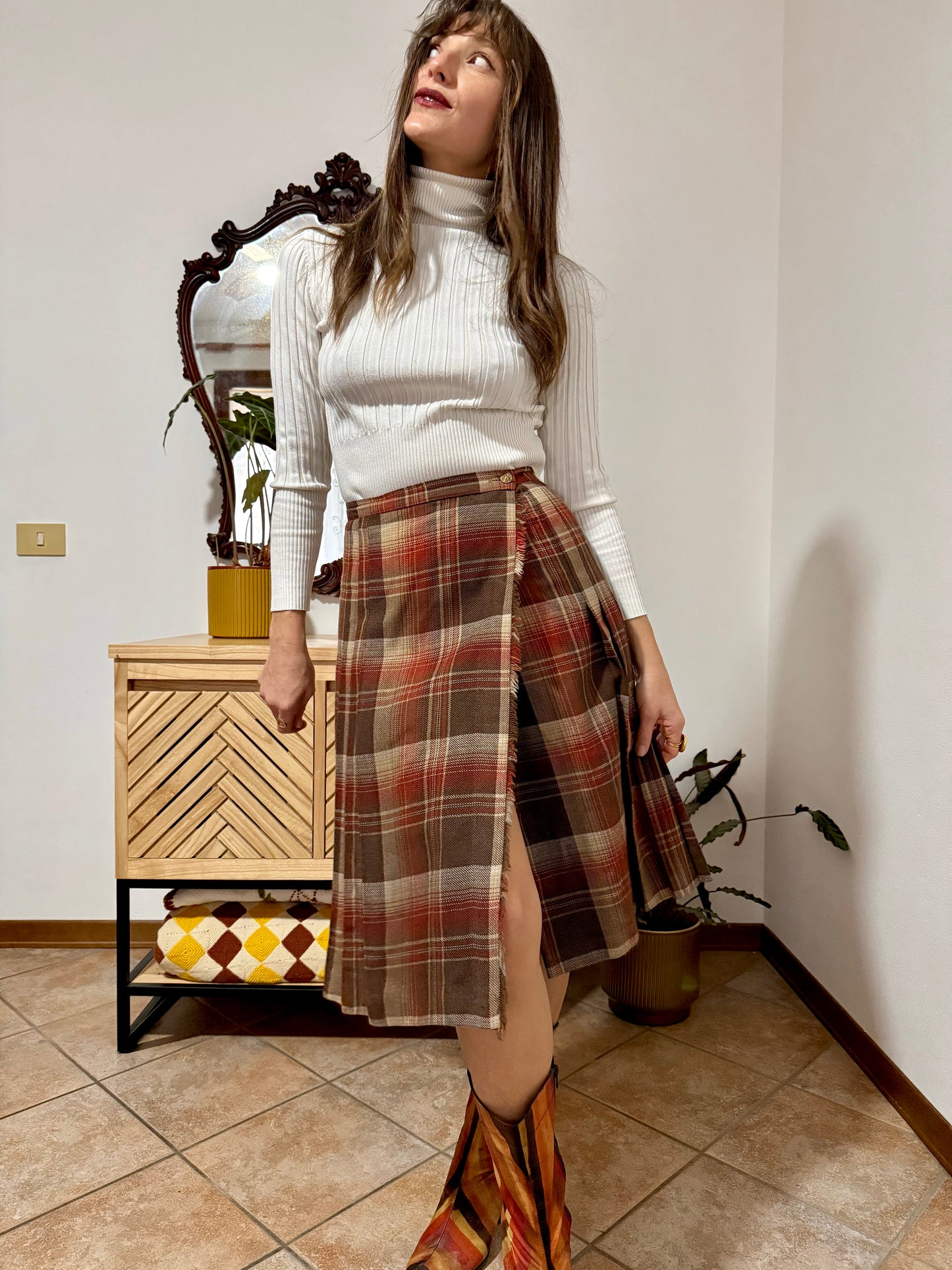 1960's vintage chocolate brown, tan and burgundy wool plaid midi skirt