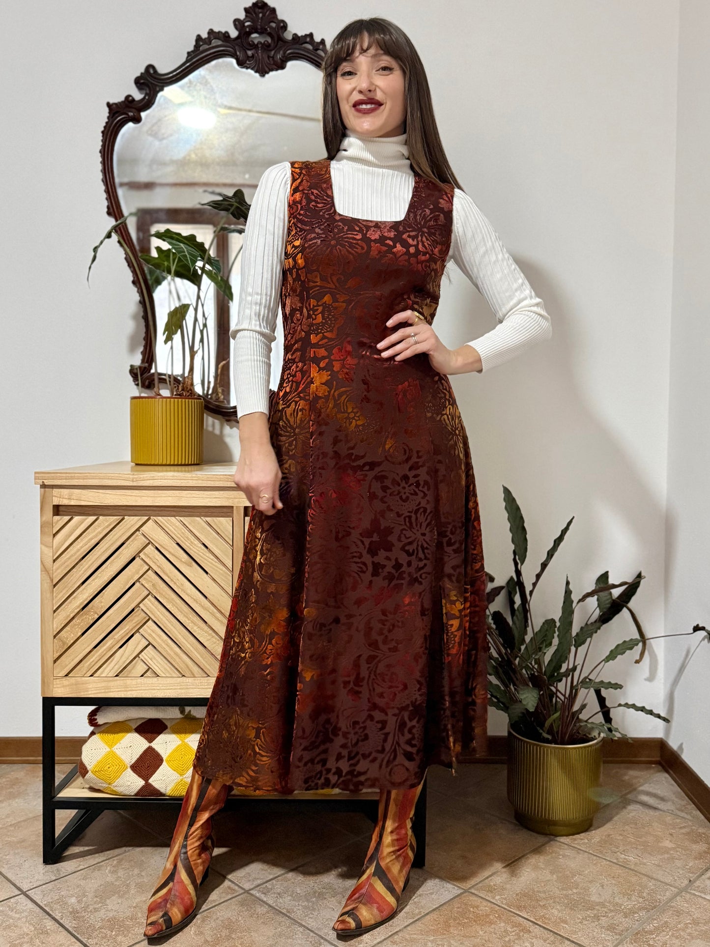 1970's vintage chocolate brown and burnt orange silk floral velvet burnout maxi dress