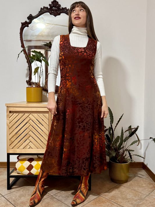 1970's vintage chocolate brown and burnt orange silk floral velvet burnout maxi dress