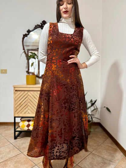1970's vintage chocolate brown and burnt orange silk floral velvet burnout maxi dress