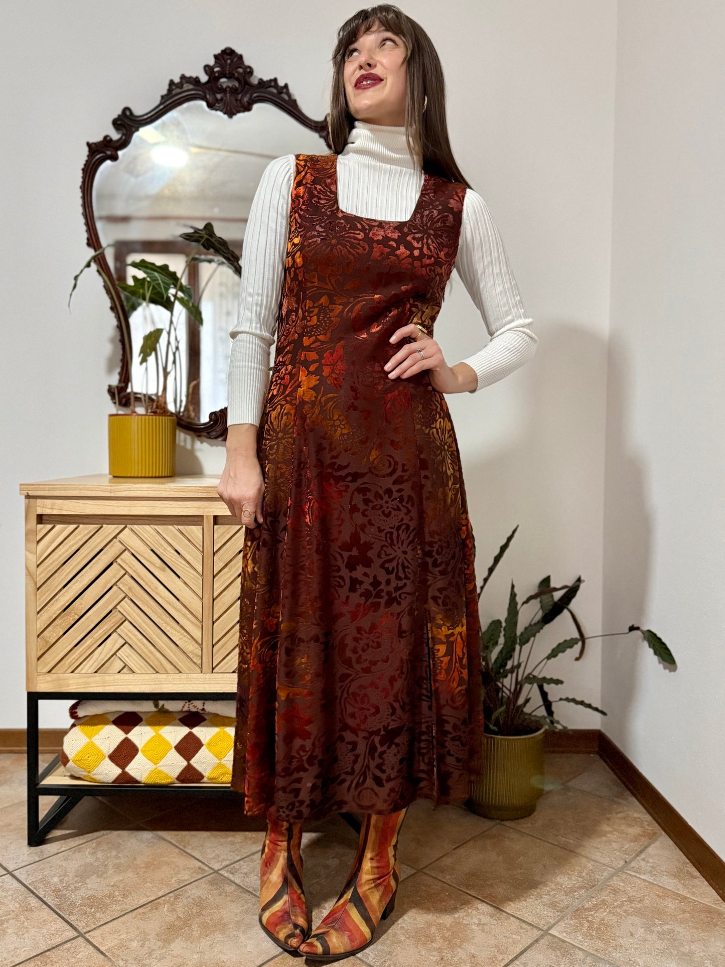 1970's vintage chocolate brown and burnt orange silk floral velvet burnout maxi dress