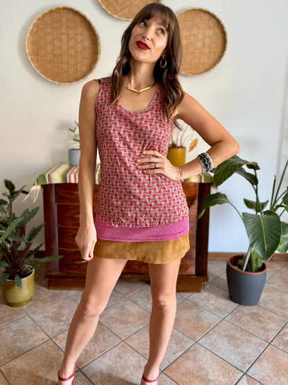 Y2k vintage double layer pink metallic floral top
