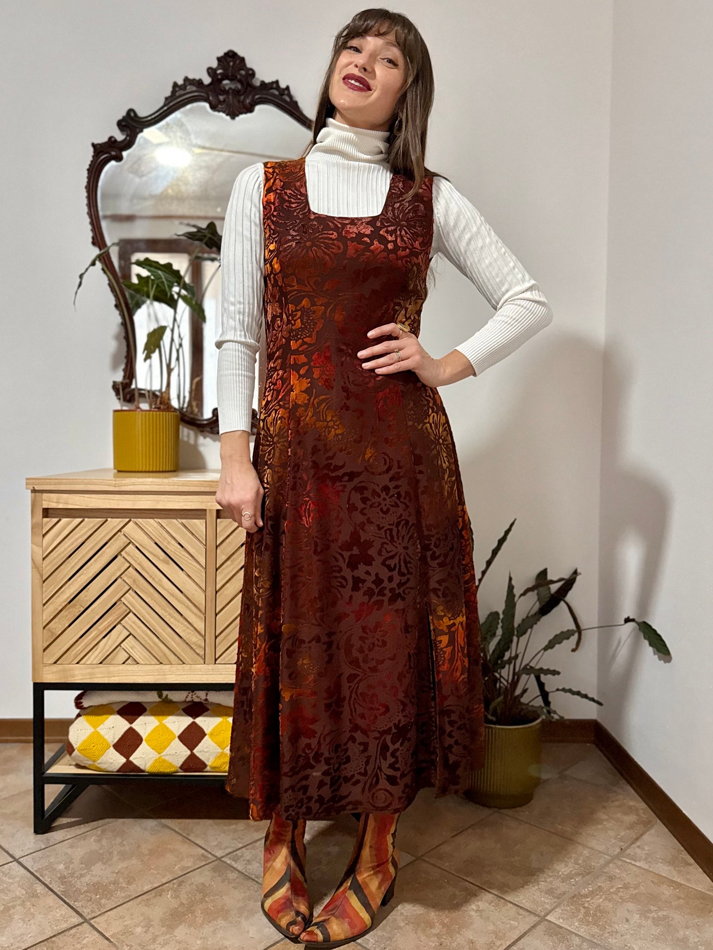 1970's vintage chocolate brown and burnt orange silk floral velvet burnout maxi dress