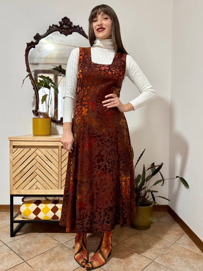 1970's vintage chocolate brown and burnt orange silk floral velvet burnout maxi dress