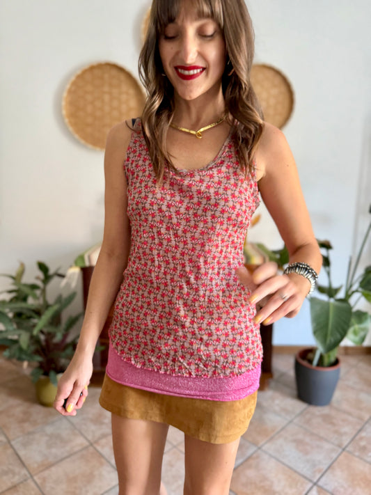 Y2k vintage double layer pink metallic floral top
