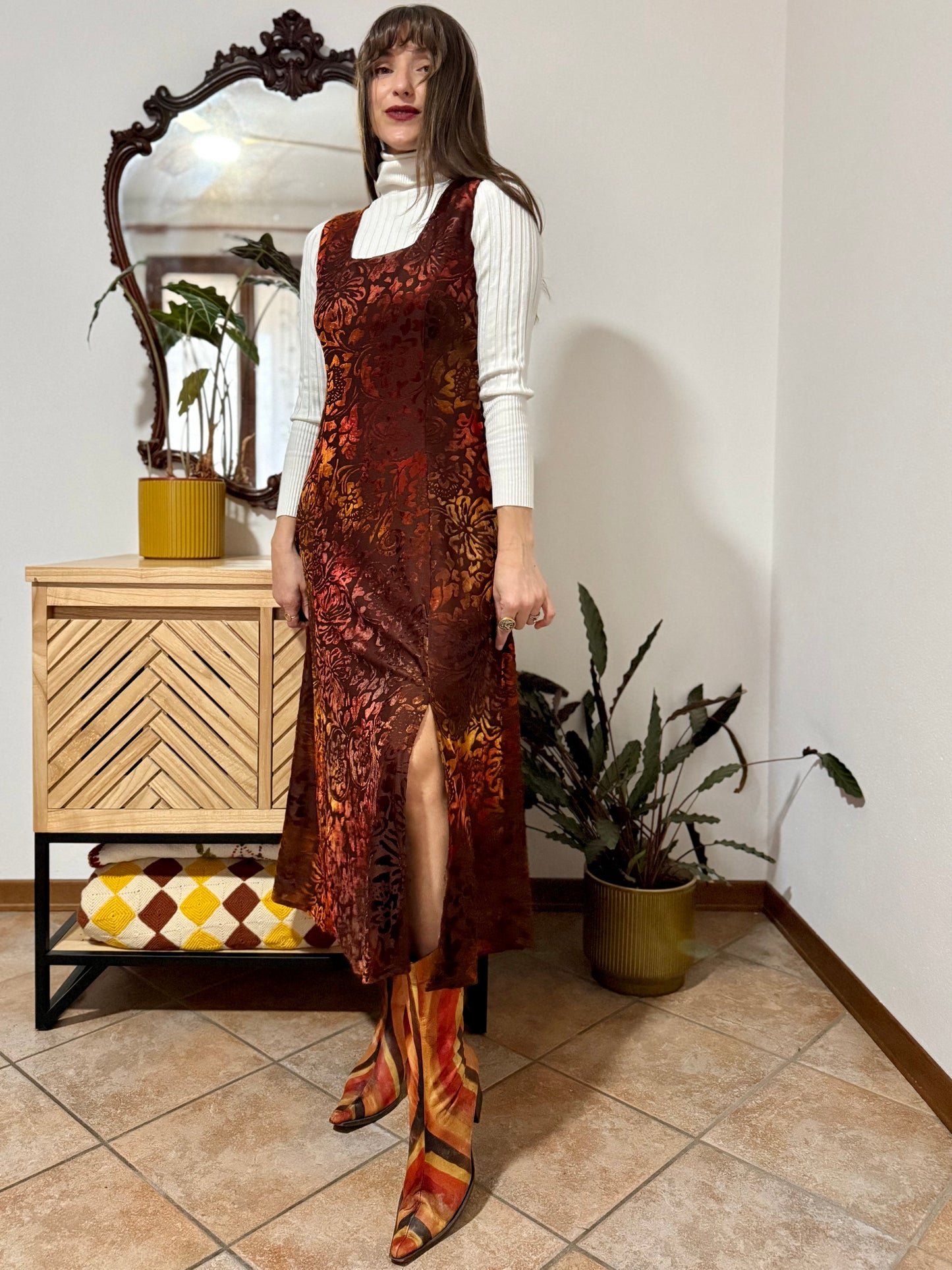 1970's vintage chocolate brown and burnt orange silk floral velvet burnout maxi dress